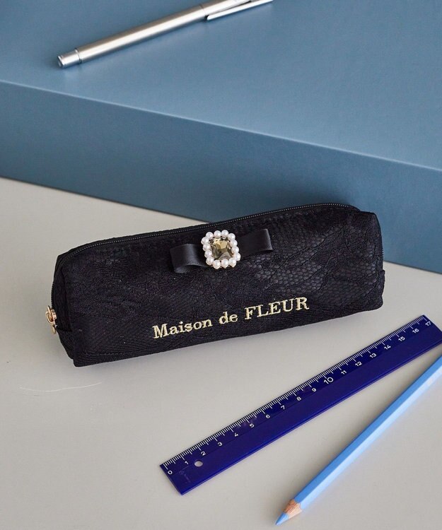 Maison de FLEUR レースサテンパールビジューロングポーチ Black