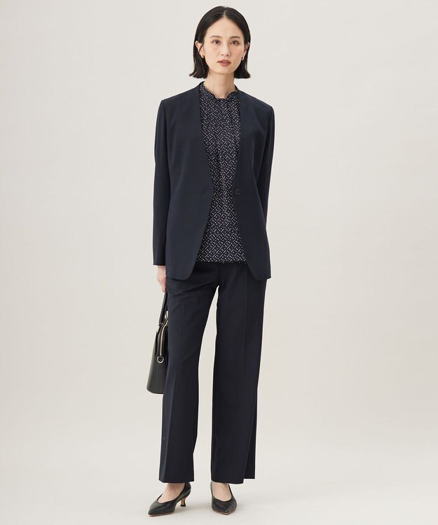 自由区 【セットアップ対応・洗える】ウールブレンドセットアップノーカラー ジャケット ライトグレー系