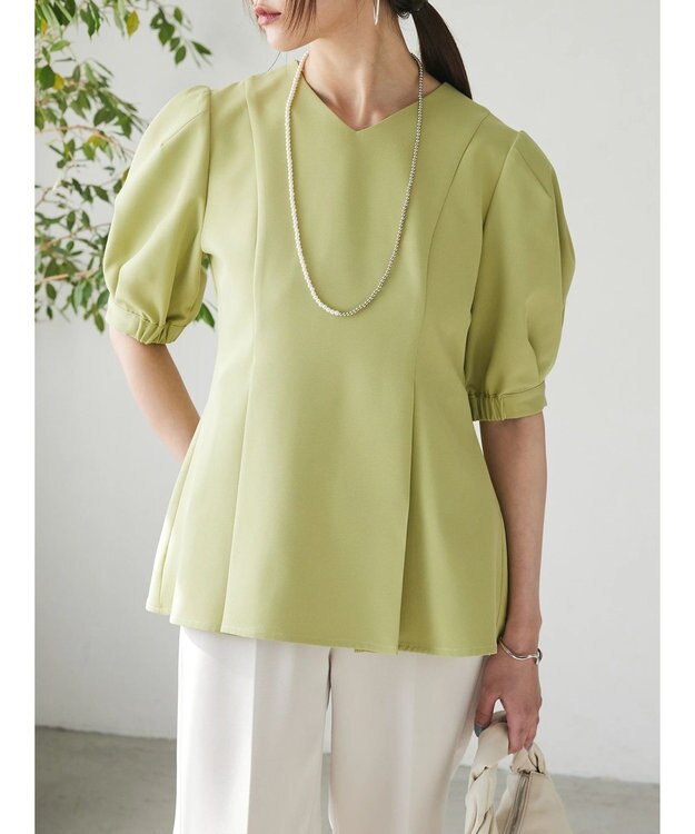 Green Parks AnriettMusee パフスリーブペプラムブラウス Lime Green