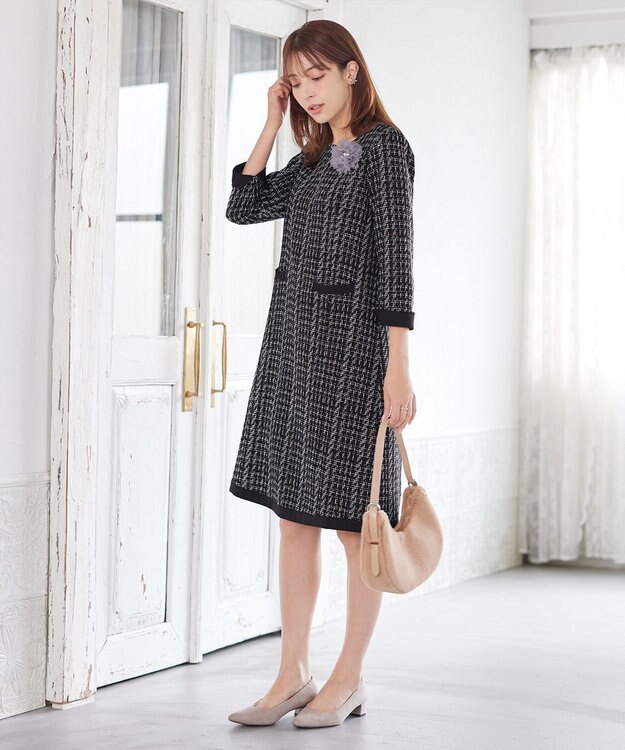 Tiaclasse ツイードAラインワンピース ブラック