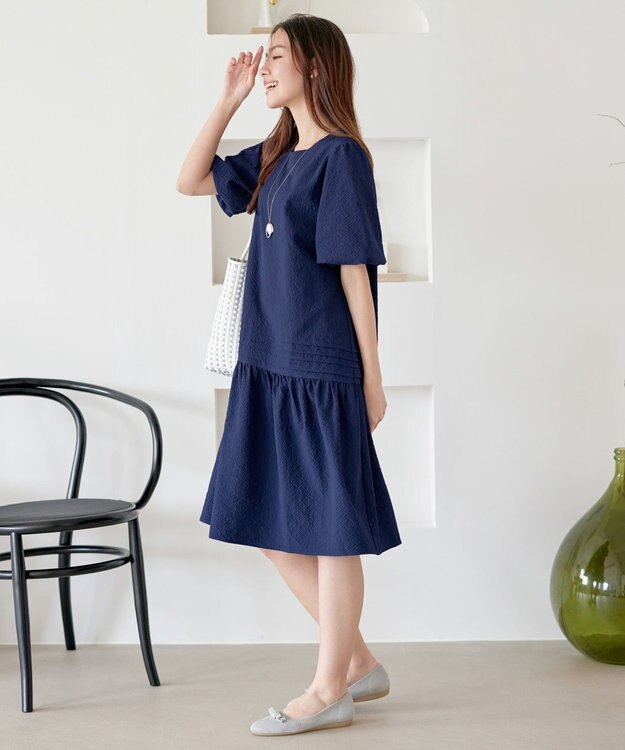 Tiaclasse L 【洗える】リップルピンタックワンピチュニック ネイビー