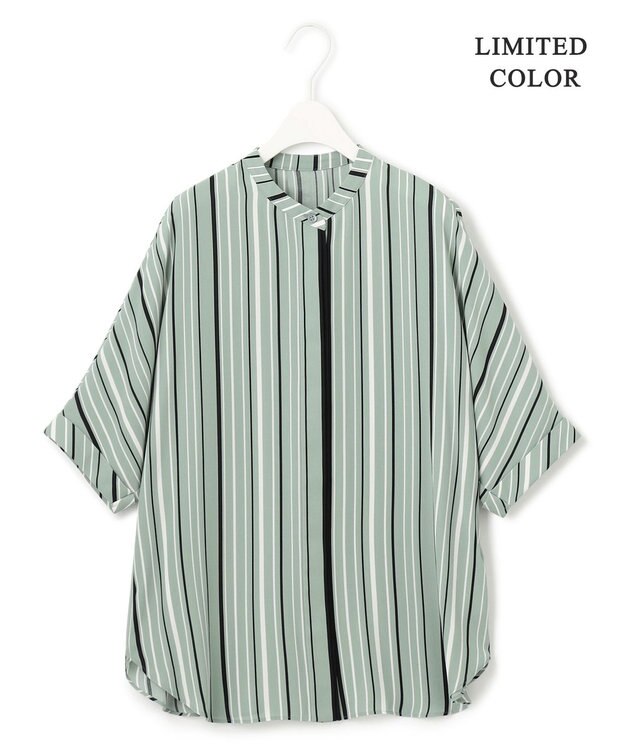 ICB L 【新色追加・接触冷感・UVケア・速乾・洗える】BackSatinAmunzen 5分袖バンドカラーブラウス ティールグレーストライプ系［WEB限定］