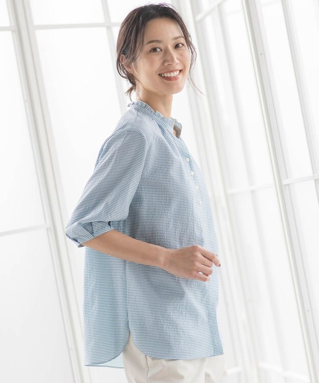 J.PRESS LADIES S 【洗える】アセVis ギンガム フリル襟 ブラウス シーグリーン系3