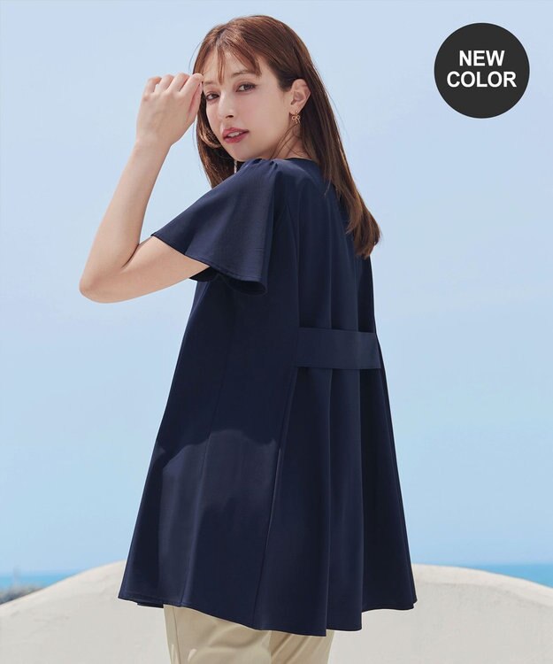 Tiaclasse L 【小倉優子さん着用・選べる袖TYPE・洗える】バックフレアチュニック 新色 半袖ネイビー