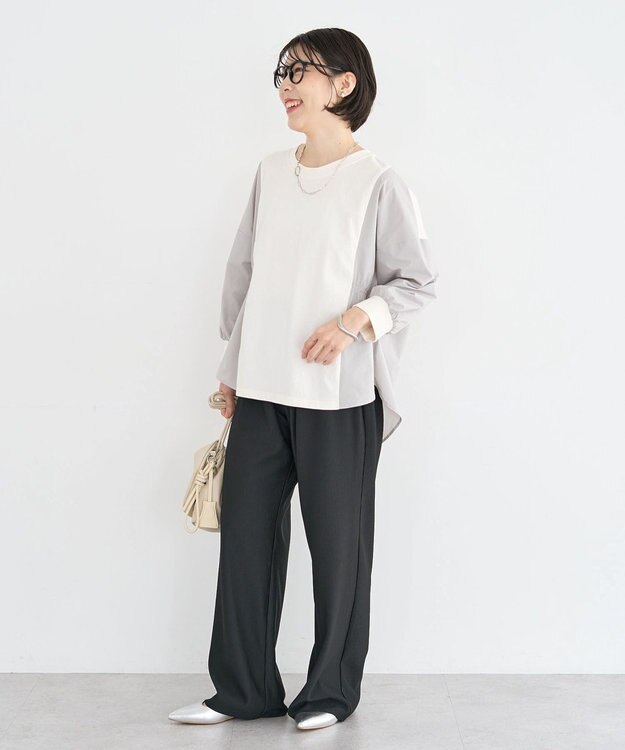 Green Parks ７分袖サイドシャーリングドッキングプルオーバ Off White