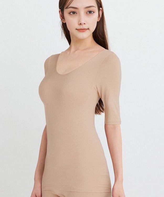 WACOAL あったかインナー 【ふんわりあったか】 5分袖 半袖 天綿オーガニックを使用 あたたかい ムレにくい しなやかでやわらかい レディース CLC510 /ワコール カラシ