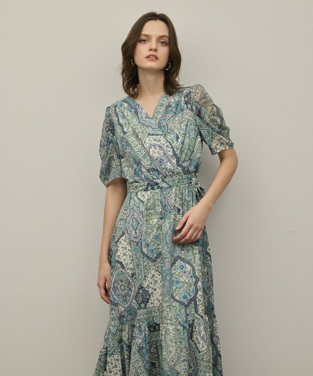 GRACE CONTINENTAL パッチワークプリントワンピース グリーン