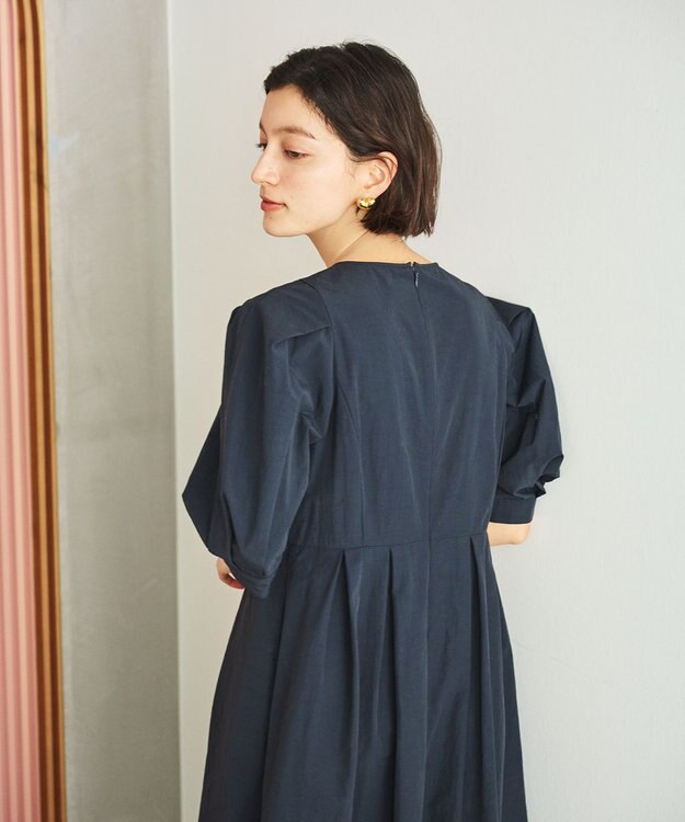 #Newans 【撥水加工/洗濯機可能】〈小柄さんにお勧め〉パフスリーブフレアワンピース ネイビー