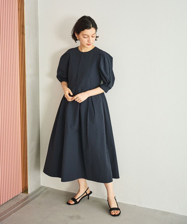 #Newans 【撥水加工/洗濯機可能】〈小柄さんにお勧め〉パフスリーブフレアワンピース ネイビー