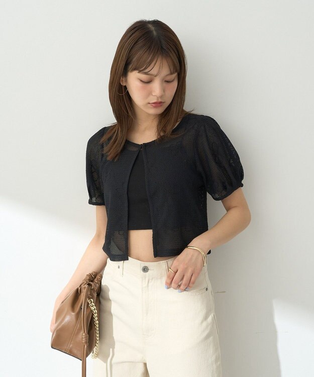 earth music&ecology フラワーコード刺繍カーディガン Black