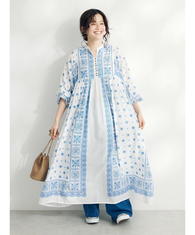 CRAFT STANDARD BOUTIQUE パネル柄ウエスト切り替えボリュームワンピース Blue