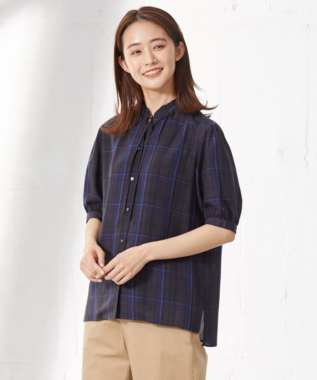 J.PRESS LADIES 【洗える】キュプラチェック フリルスタンドカラー ブラウス ネイビー系3