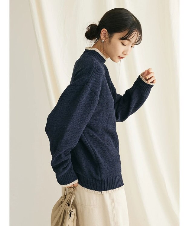 CRAFT STANDARD BOUTIQUE 洗えるモールニット配色プルオーバー Navy