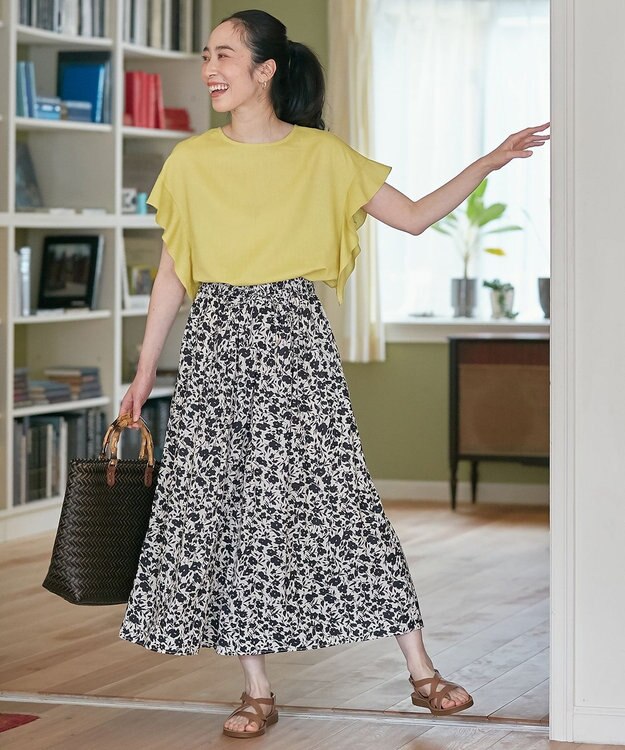 ANY 【洗濯機可能・ウエストゴム】リラックススカーチョ オフベース×ブラックプリント