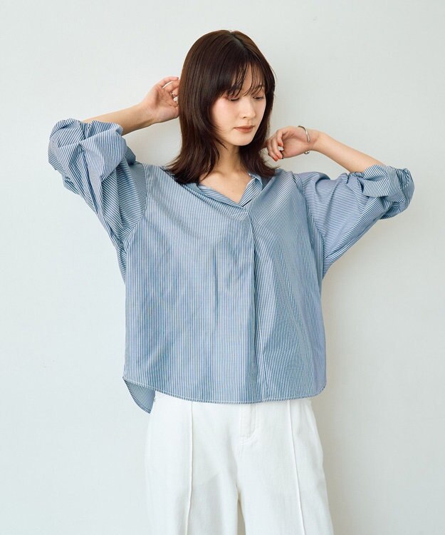 YECCA VECCA タックスリーブスキッパーブラウス Stripe Navy