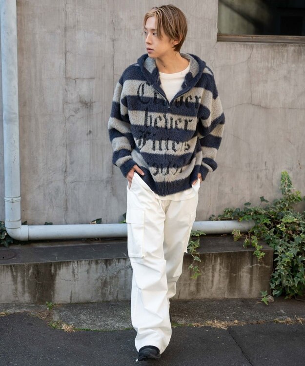 WEGO シャギーグラフィックZIPパーカー グレーボーダー