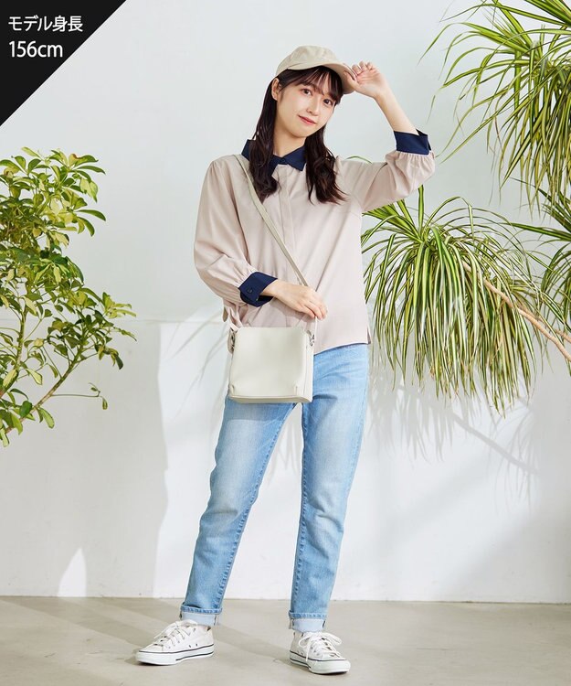 Tiaclasse L 【洗える】配色パフスリーブシャツブラウス グレージュ