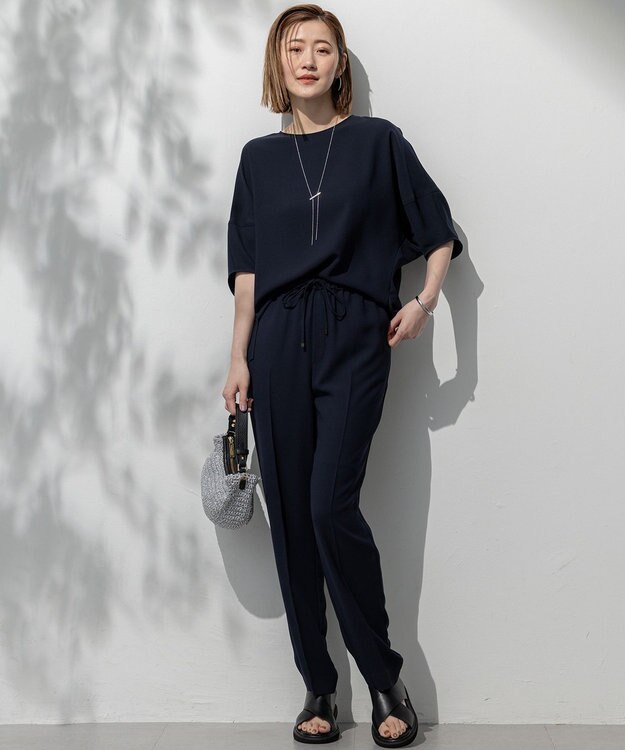 23区 L 【吸水速乾/UVカット/接触冷感】ストレッチジョーゼット ランタンスリーブ カットソー ネイビー系