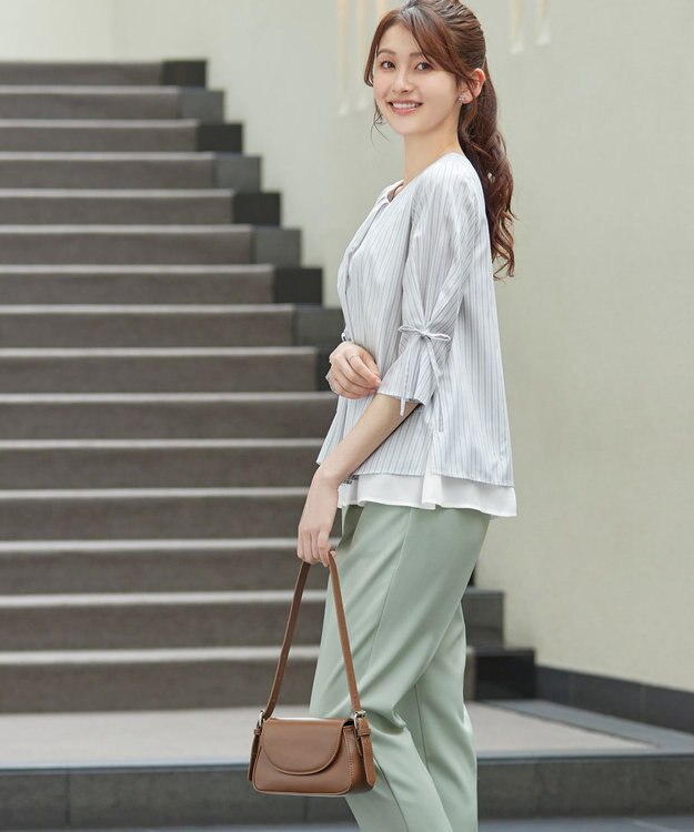 Tiaclasse L ストライプリボンレイヤードブラウス オフストライプ