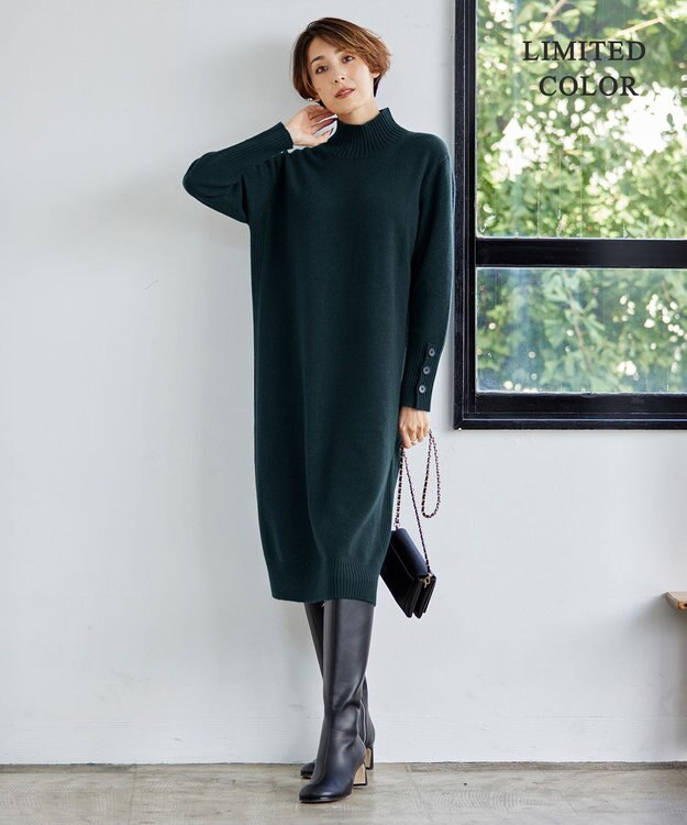 ICB L 【WEB限定カラーあり】 ソフトカシミヤミックス ハイネックワンピース パイングリーン系［WEB限定］