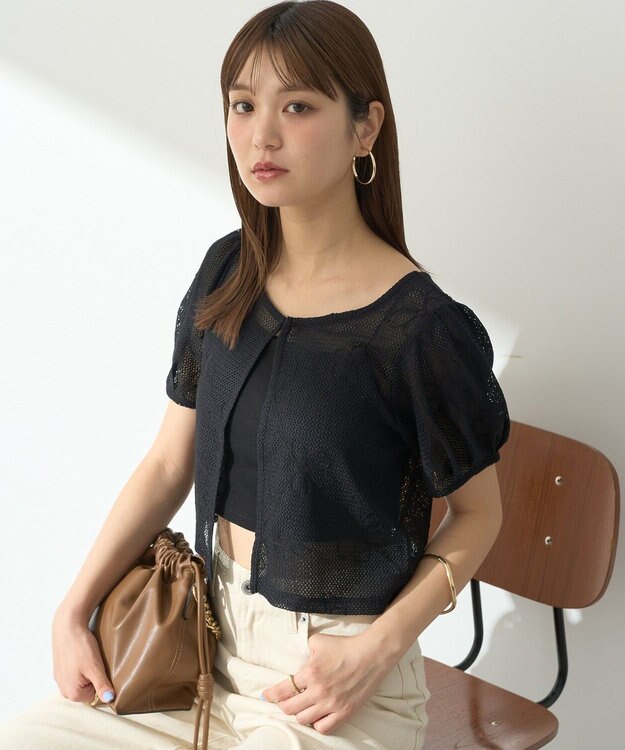 earth music&ecology フラワーコード刺繍カーディガン Black