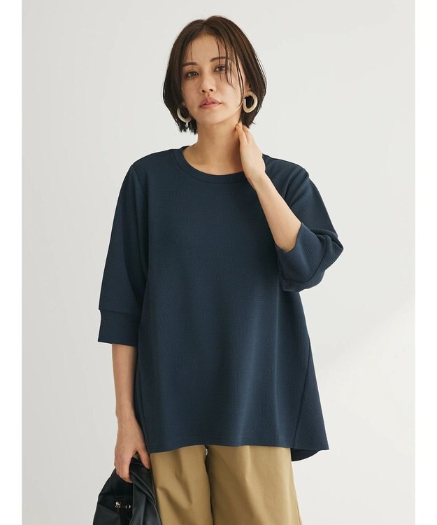 Green Parks ぽこぽこ７分袖カットプルオーバー Navy