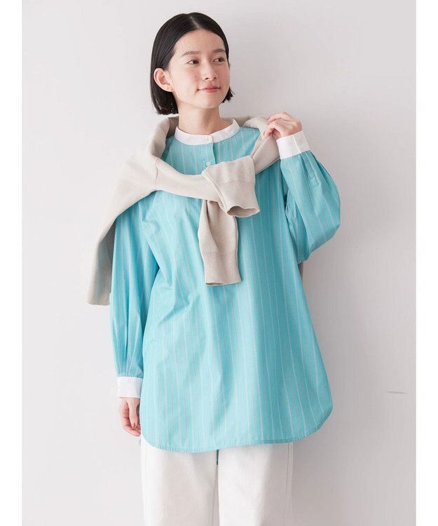 AMERICAN HOLIC イージーケアバンドカラーシャツチュニック Stripe Green
