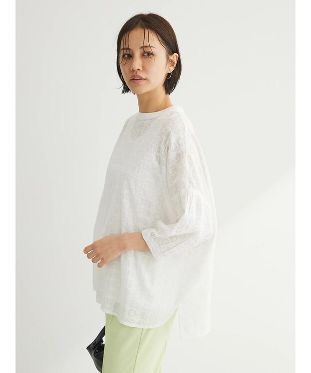 Green Parks インド綿 SET２点 刺繍７分丈ブラウス＋タンクトップ Off White