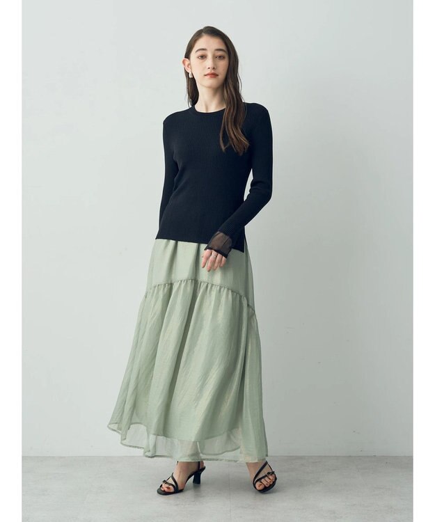 YECCA VECCA 箔プリントシアーギャザースカート Green