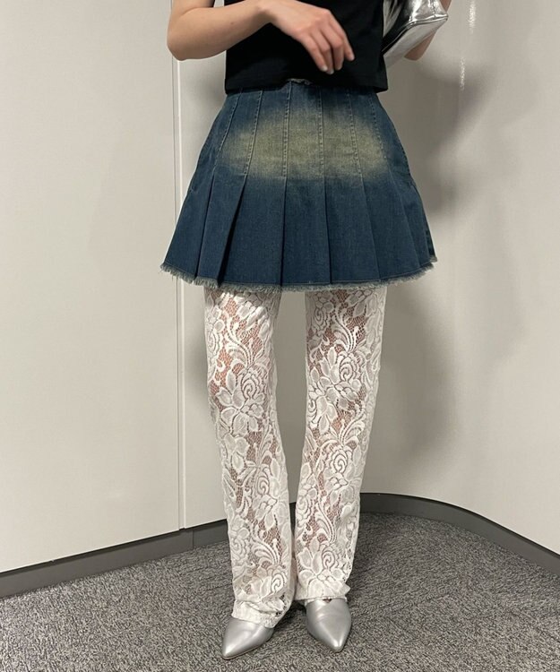 WEGO ヴィンテージウォッシュデニムプリーツスカパン デニム