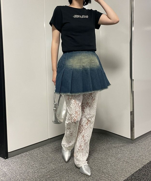 WEGO ヴィンテージウォッシュデニムプリーツスカパン デニム