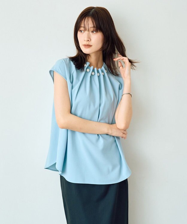 YECCA VECCA パールタックフレンチスリーブブラウス Light Blue
