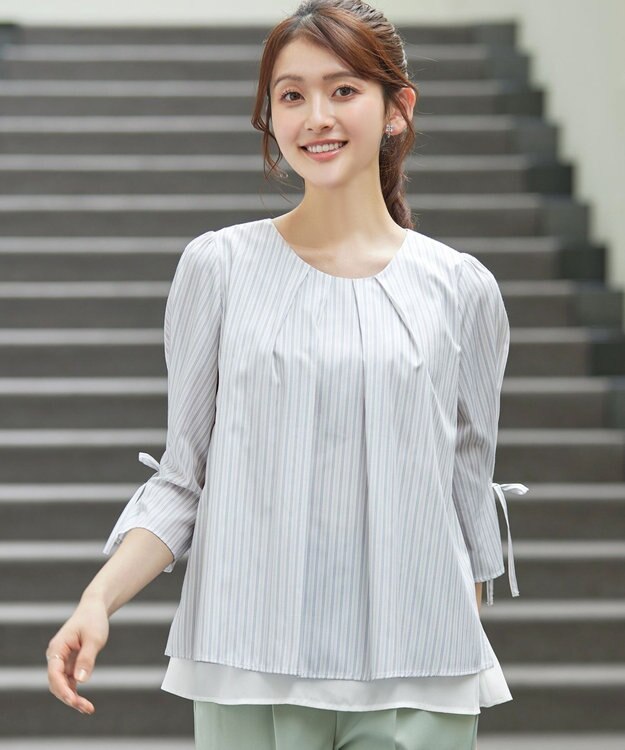Tiaclasse L ストライプリボンレイヤードブラウス オフストライプ
