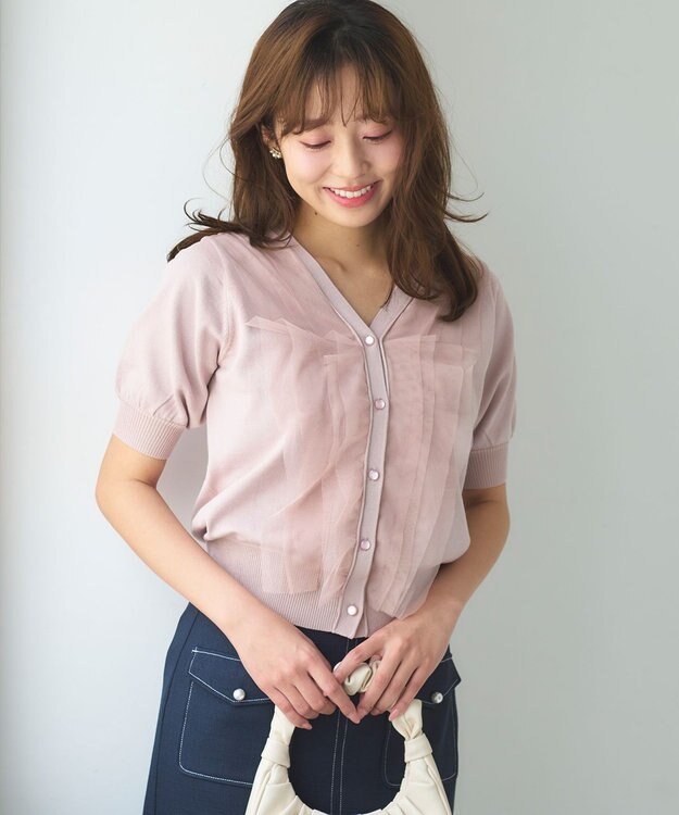 Feroux 【ご好評につき今季も登場！】チュールコンビパフスリーブ ニット ピンク系