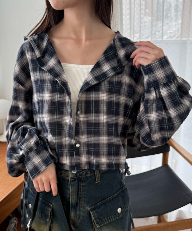 WEGO チェックショートフードシャツ ネイビー