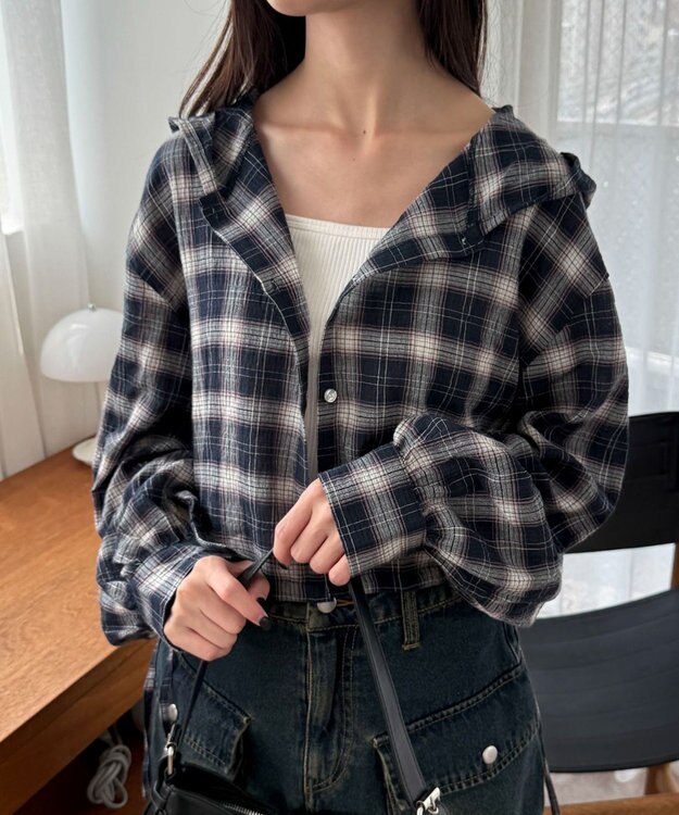 WEGO チェックショートフードシャツ ネイビー