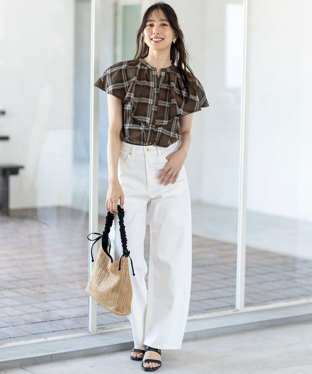 ANY SIS 【洗える】サッカーチェック ブラウス ブラウン