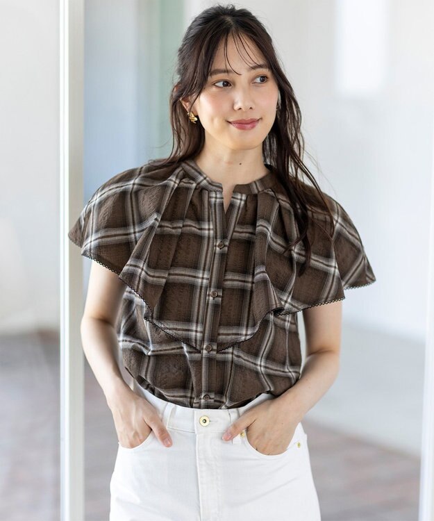 ANY SIS 【洗える】サッカーチェック ブラウス ブラウン
