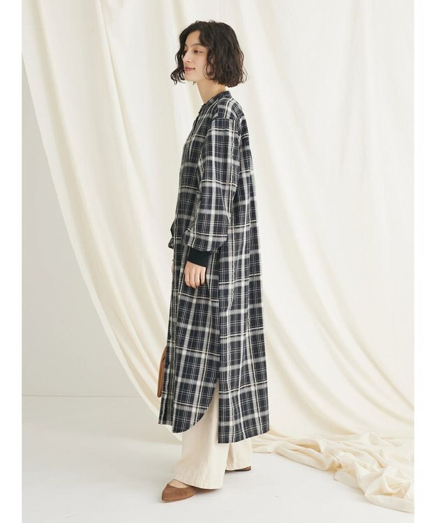 CRAFT STANDARD BOUTIQUE 先染めチェック（小）バンドカラー袖ＲＩＢ　ＯＰ Black