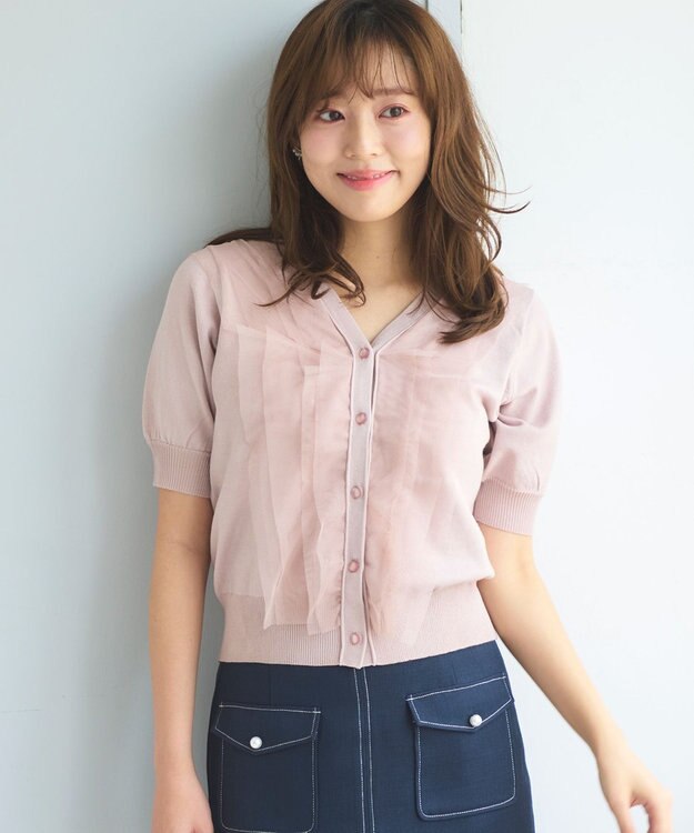 Feroux 【ご好評につき今季も登場！】チュールコンビパフスリーブ ニット ピンク系