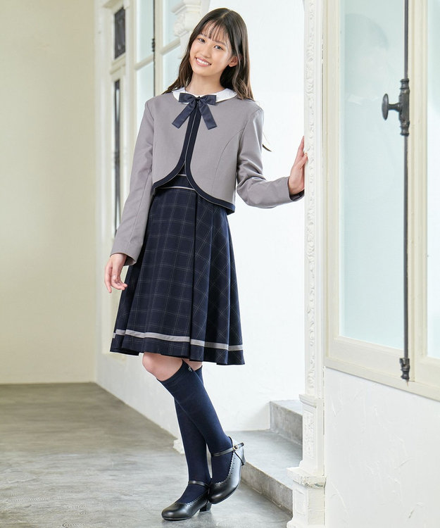 ANY KIDS ボレロ付き ワンピース グレー×ネイビーチェック