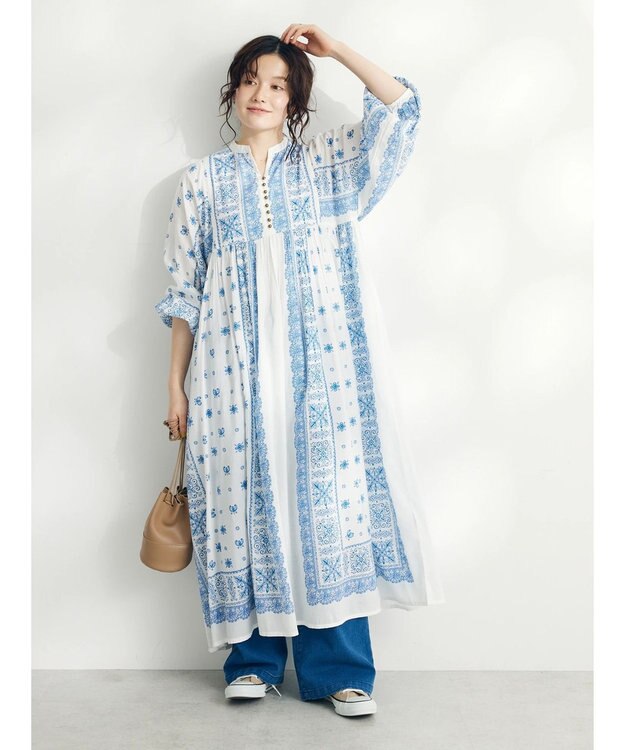 CRAFT STANDARD BOUTIQUE パネル柄ウエスト切り替えボリュームワンピース Blue