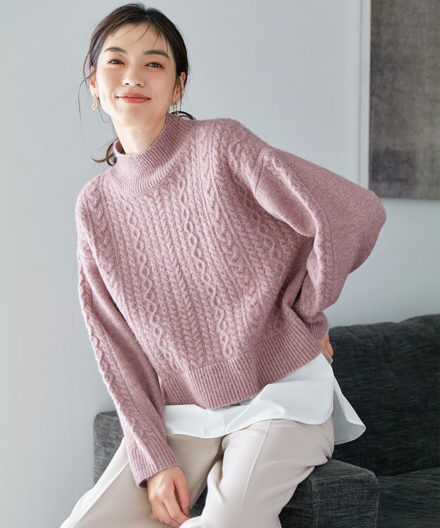 ANY 【洗濯機可能】シャツコンビケーブルニット ピンク