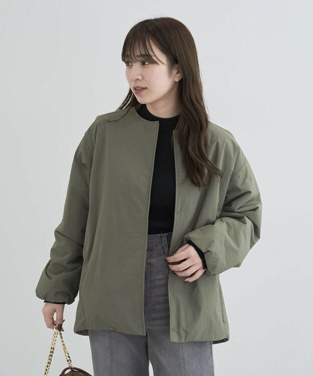 Green Parks シームレスライト中わたノーカラーブルゾン Khaki