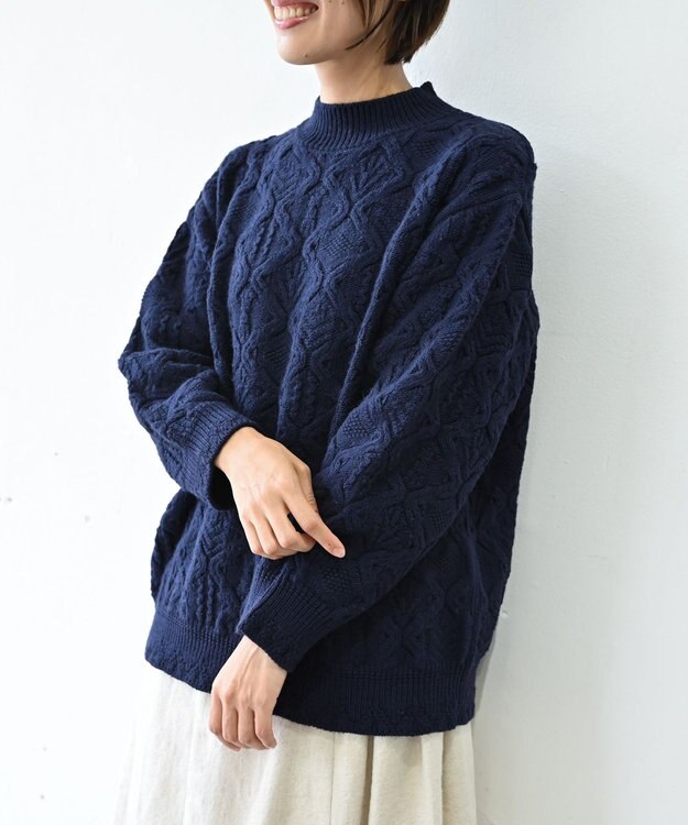 muuc 〈希少な高品質メリノウール〉〈5種類の模様編み〉ケーブル模様編みパッチワーク柄セーター ネイビー