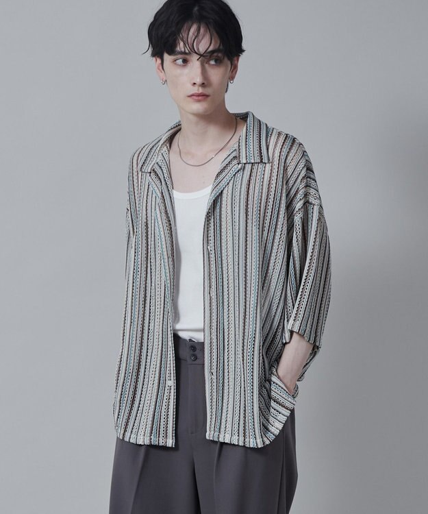 WEGO ストライプメッシュBIGシャツ（S） 柄1