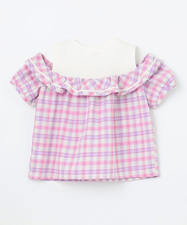 ANY KIDS チェック オフショルダー ブラウス ピンク