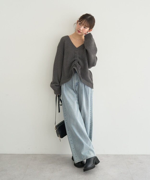 earth music&ecology フロントシャーリングニットプルオーバー チャコールグレー