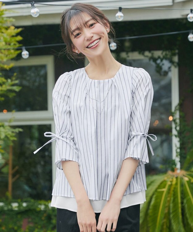 Tiaclasse L ストライプリボンレイヤードブラウス ホワイトストライプ