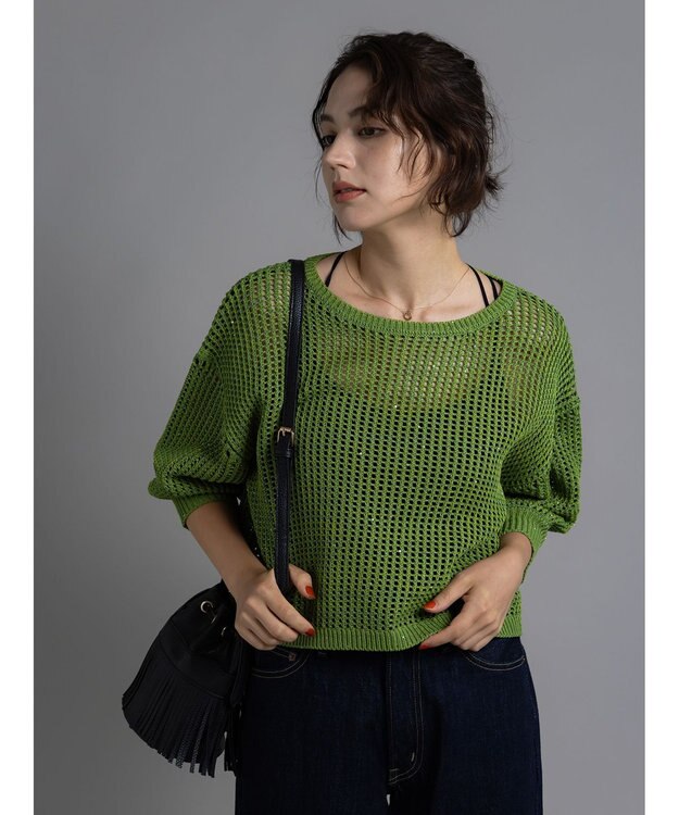 Te chichi スパンコールメッシュハーフスリーブニット《2025Autumn catalog item》 グリーン